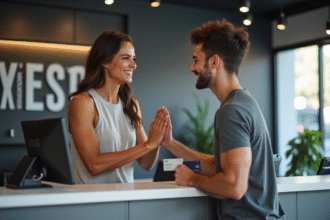 Deux amis souriants à la réception d'une salle de sport