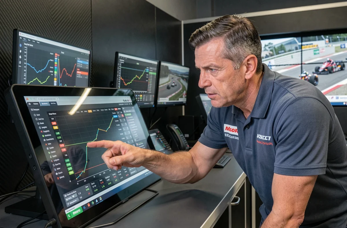 Analyste MotoGP examinant des statistiques de course et des données de performance sur un écran tactile dans un centre technique de paddock