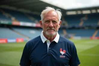 Ancien joueur de rugby français en maillot bleu sur la pelouse d'un stade historique du Tournoi des Six Nations