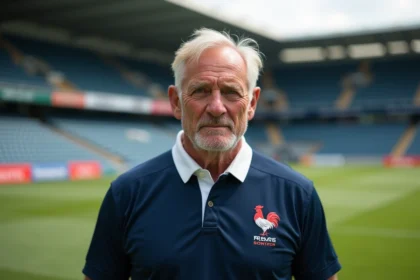 Ancien joueur de rugby français en maillot bleu sur la pelouse d'un stade historique du Tournoi des Six Nations