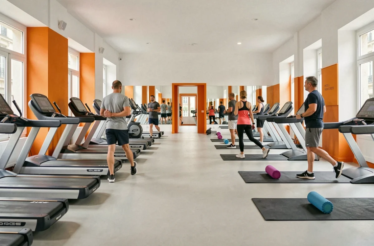 Salle L'Appart Fitness Bordeaux Chartrons avec équipements modernes, couleurs orange et blanc et membres actifs