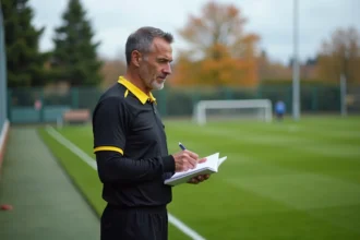 Arbitre de football amateur consultant ses notes en bord de terrain lors d'un match du District 31 en Haute-Garonne
