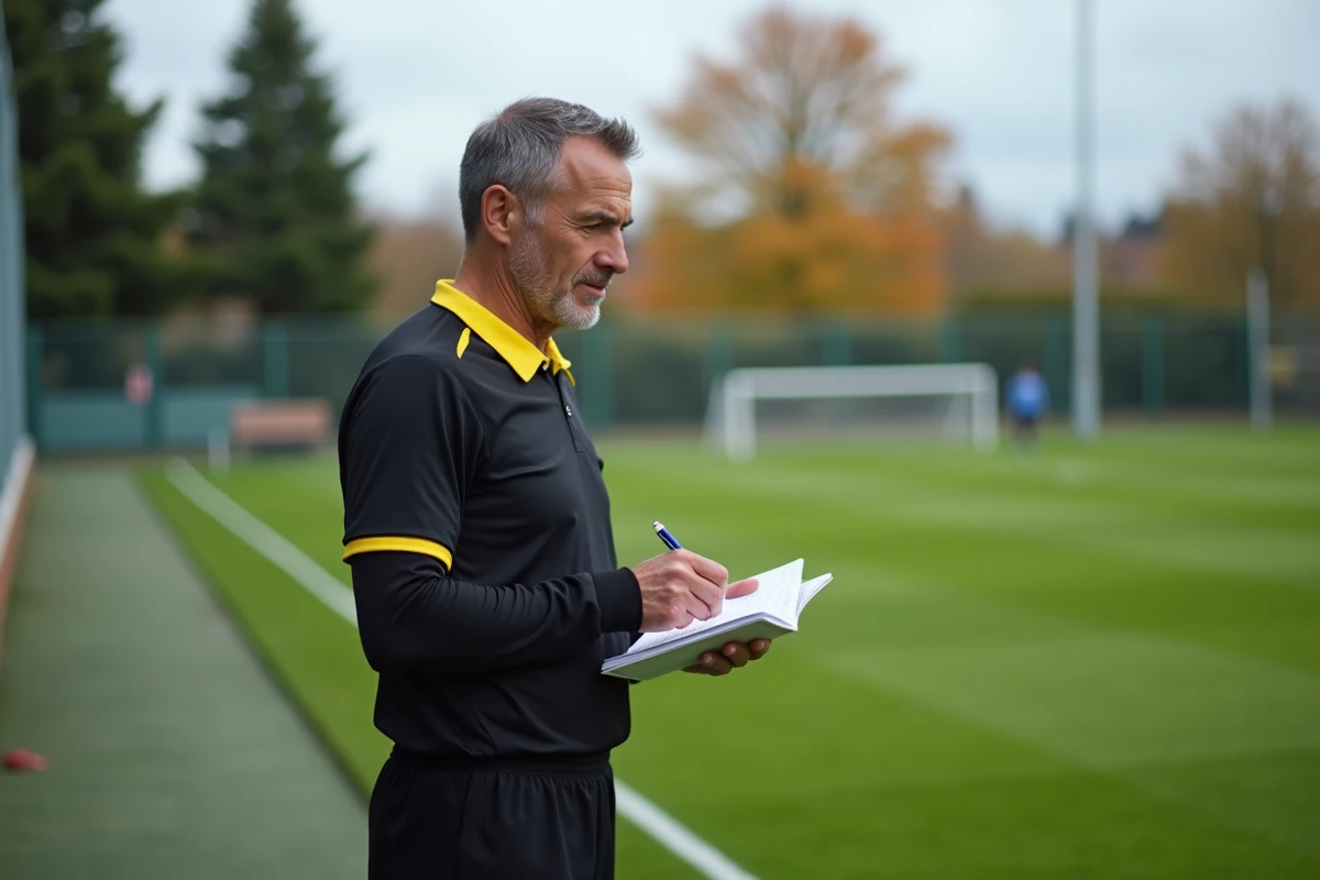 Arbitre de football amateur consultant ses notes en bord de terrain lors d'un match du District 31 en Haute-Garonne