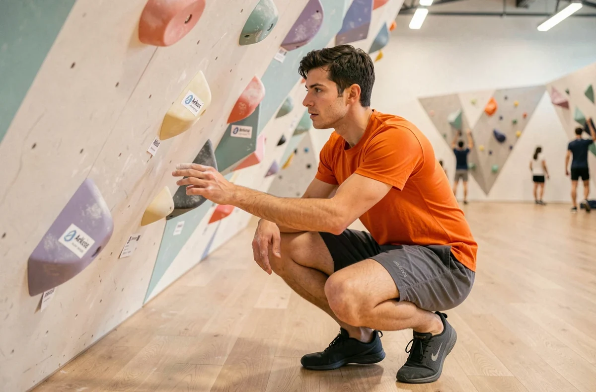Grimpeur étudiant un problème de bloc sur un mur en dévers à la salle Arkose Prado de Marseille
