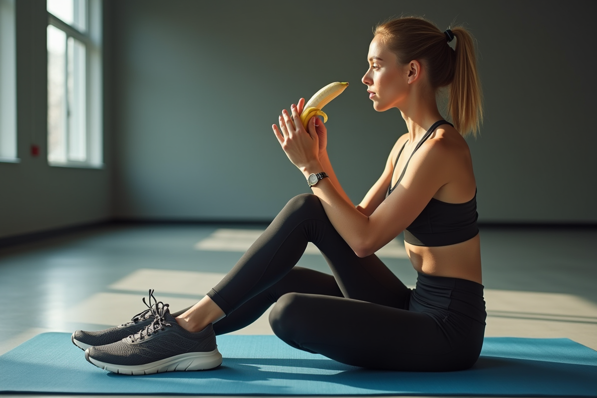 Athlète assise avec banane pelée et chaussures de course dans un studio de fitness