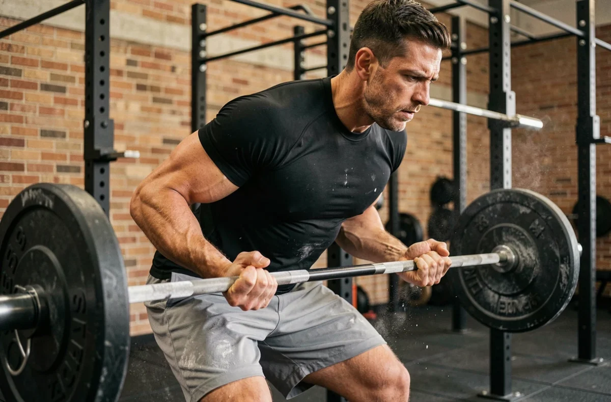 Athlète CrossFit masculin en pleine traction de deadlift dans une salle de sport fonctionnelle, stratégie de pacing pour le Open CrossFit 2026