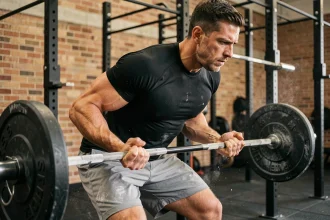 Athlète CrossFit masculin en pleine traction de deadlift dans une salle de sport fonctionnelle, stratégie de pacing pour le Open CrossFit 2026