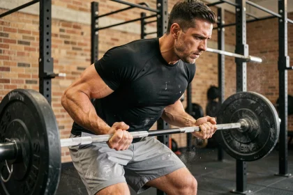 Athlète CrossFit masculin en pleine traction de deadlift dans une salle de sport fonctionnelle, stratégie de pacing pour le Open CrossFit 2026