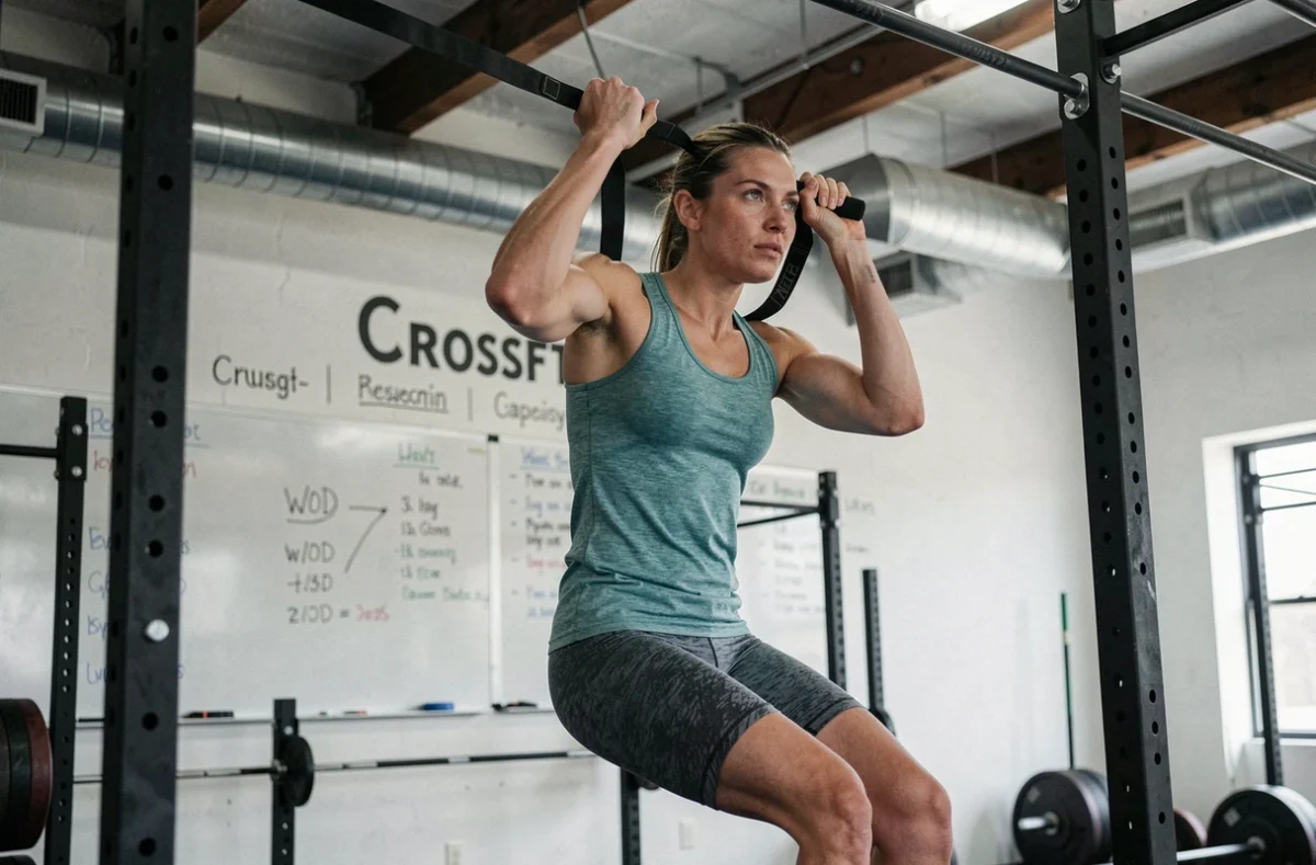 Athlète CrossFit féminine sur barre de traction en mouvement kipping, illustration de la gestion de l'effort lors du Open CrossFit 2026