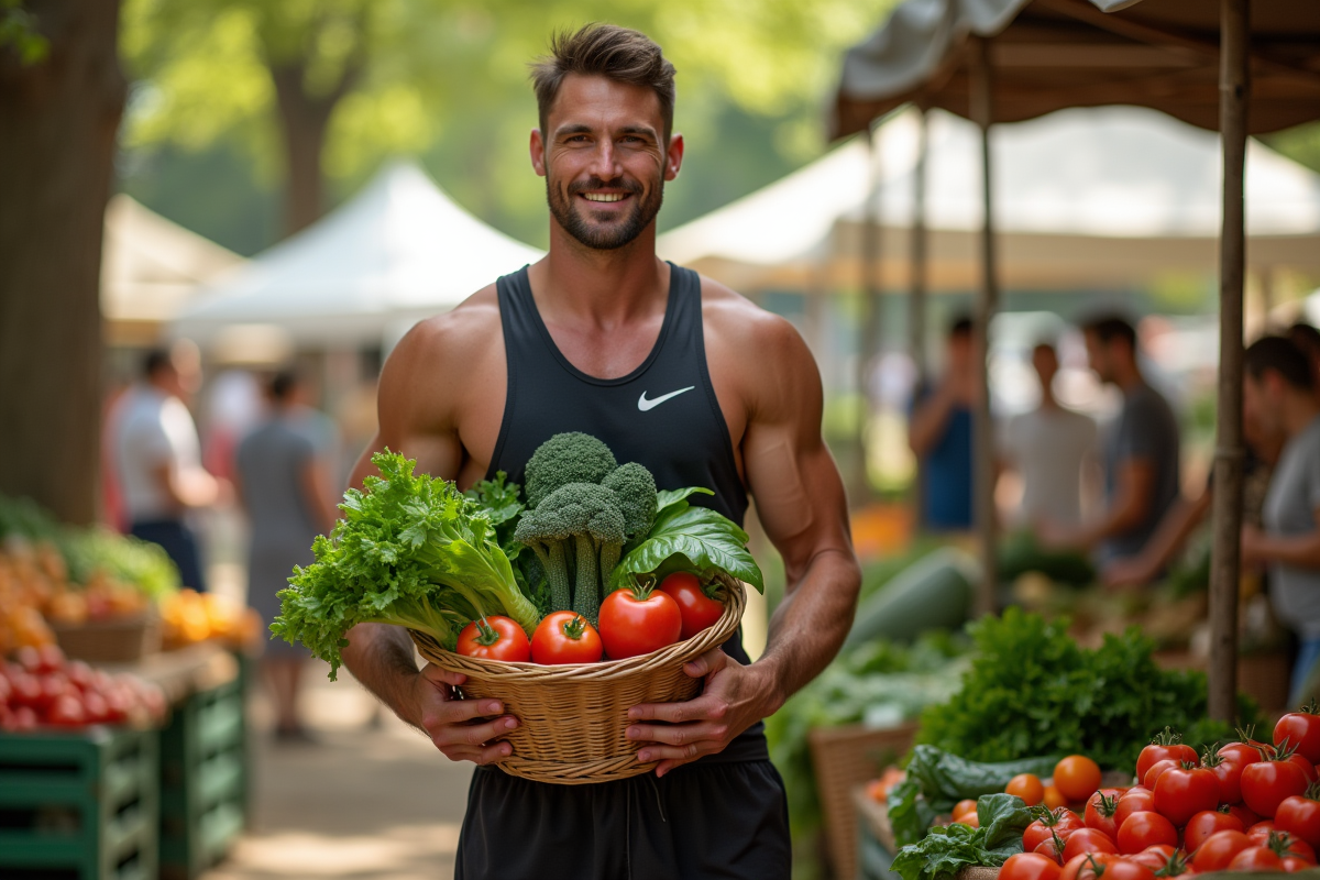 Athlète masculin tenant un panier de légumes frais au marché