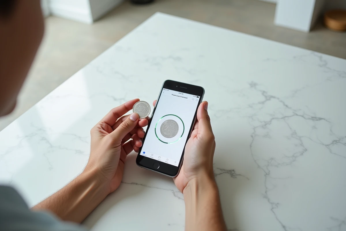 Authentification d'une pièce de 2 euros JO 2026 en comparant la pièce physique avec un site de référence sur smartphone