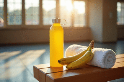 Banane fraîche avec bouteille d'eau et serviette dans une salle de sport