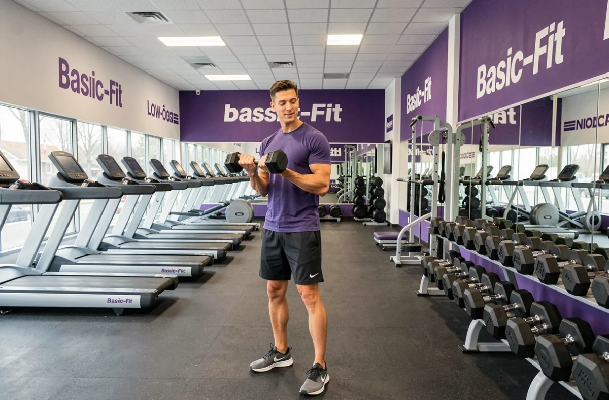 Salle de musculation low-cost Basic-Fit dans le Rhône avec équipements en libre accès et identité visuelle violette