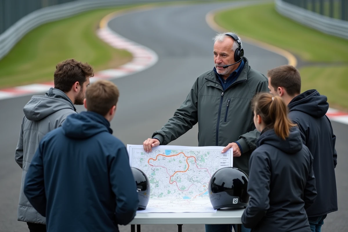 Instructeur de pilotage animant un briefing technique autour d'un plan de circuit avec un groupe de stagiaires