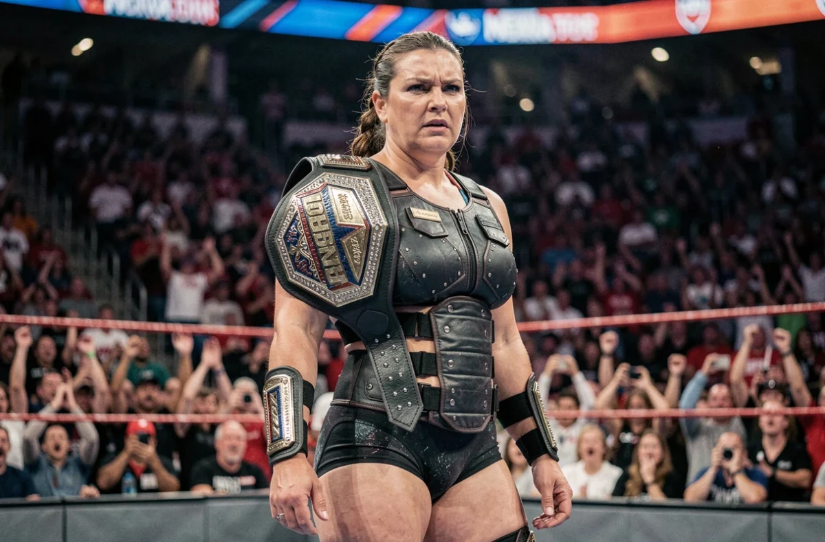 Catcheuse professionnelle tenant un championnat WWE dans une arène comble, symbolisant la rivalité intense entre deux grandes stars du catch féminin