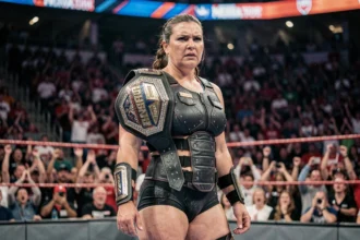 Catcheuse professionnelle tenant un championnat WWE dans une arène comble, symbolisant la rivalité intense entre deux grandes stars du catch féminin