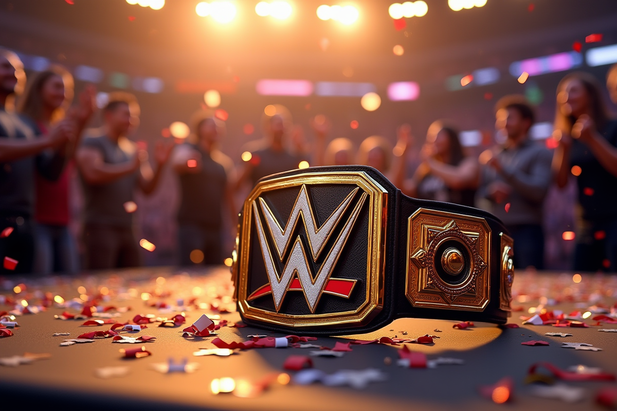 Ceinture de championnat WWE en or sur le ring avec confettis