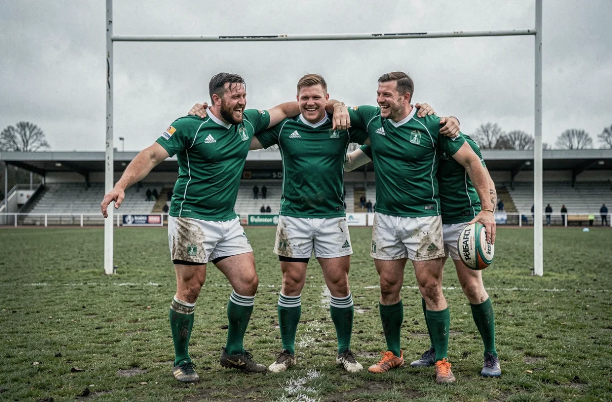Joueurs de rugby en maillot vert célébrant un essai transformé lors d'un derby de Fédérale en France