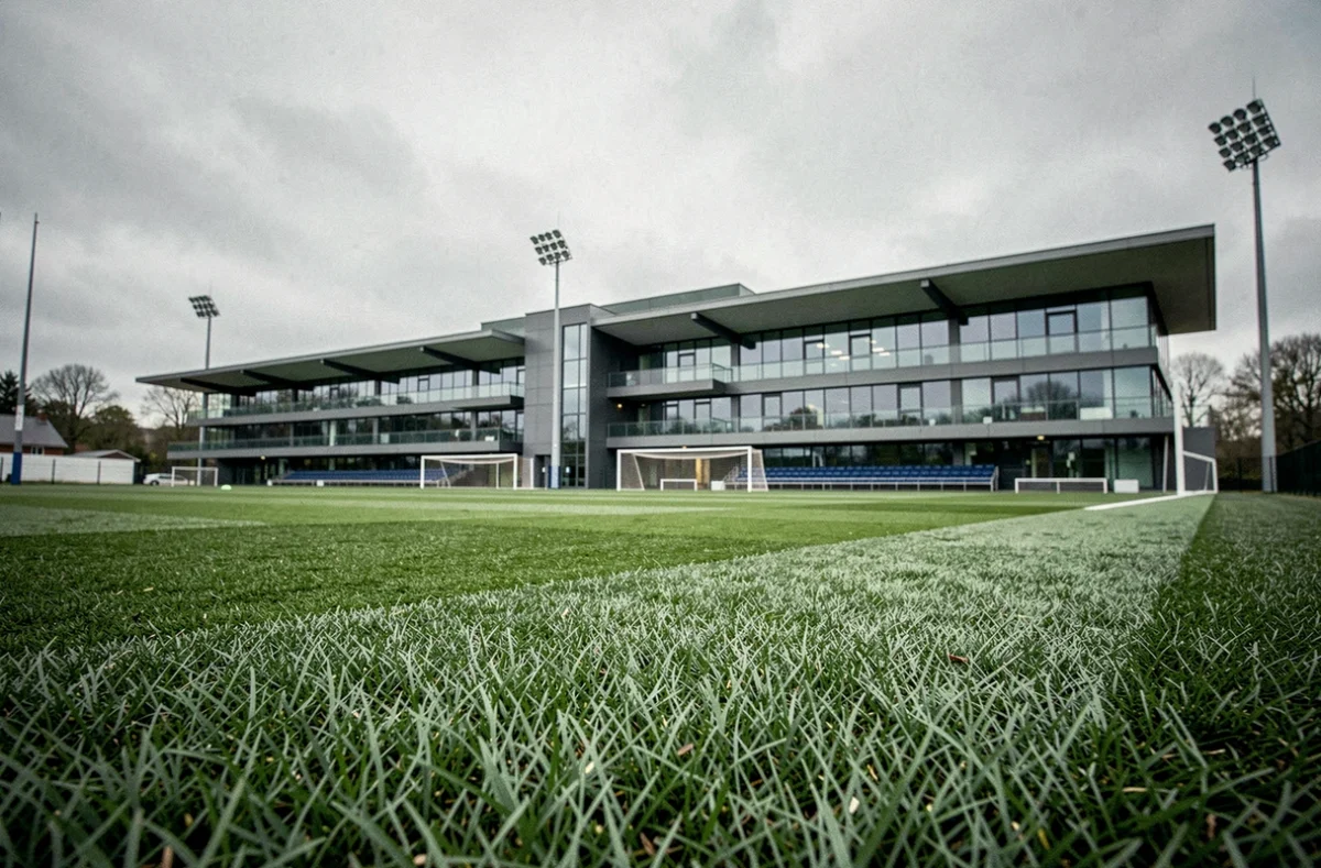 Centre d'entraînement professionnel d'un grand club de football européen, évoquant l'environnement des joueurs comme Lucas Hernández et les salaires associés aux clubs de haut niveau