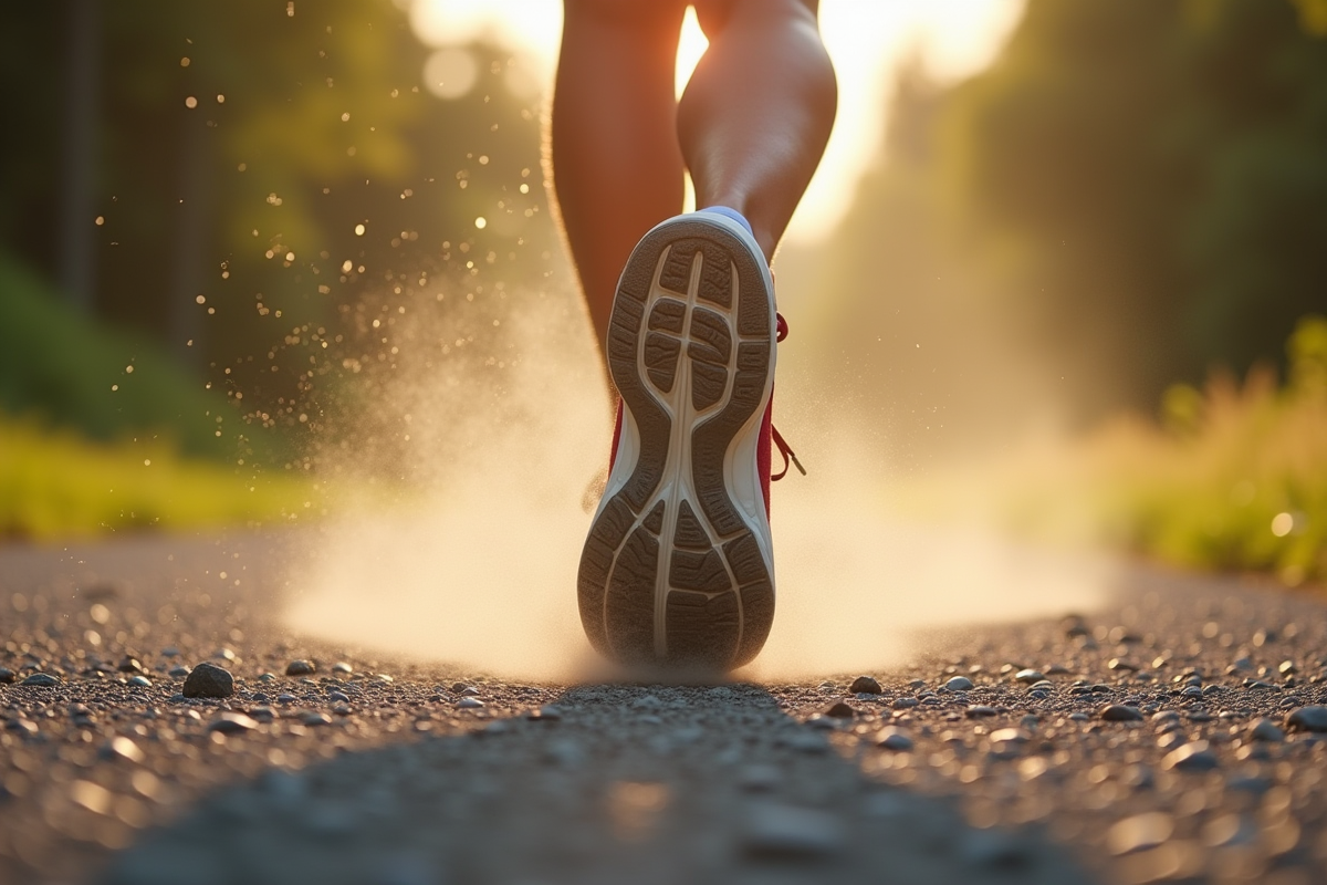 Détail de chaussures de course touchant le gravier en plein mouvement