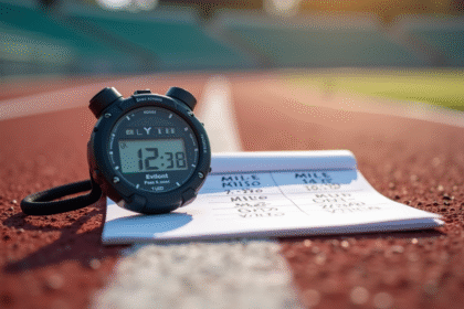 Chronomètre numérique sur piste d'athlétisme en plein jour