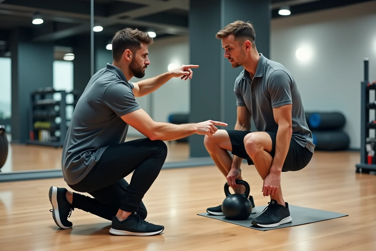 Coach sportif corrigeant l'alignement des genoux d'un client lors d'un goblet squat avec kettlebell en studio de coaching
