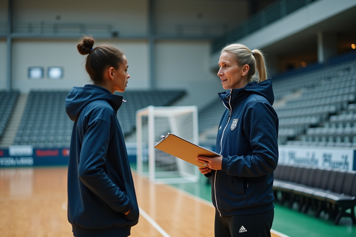 Entraineuse de football féminine discutant avec un jeune défenseur