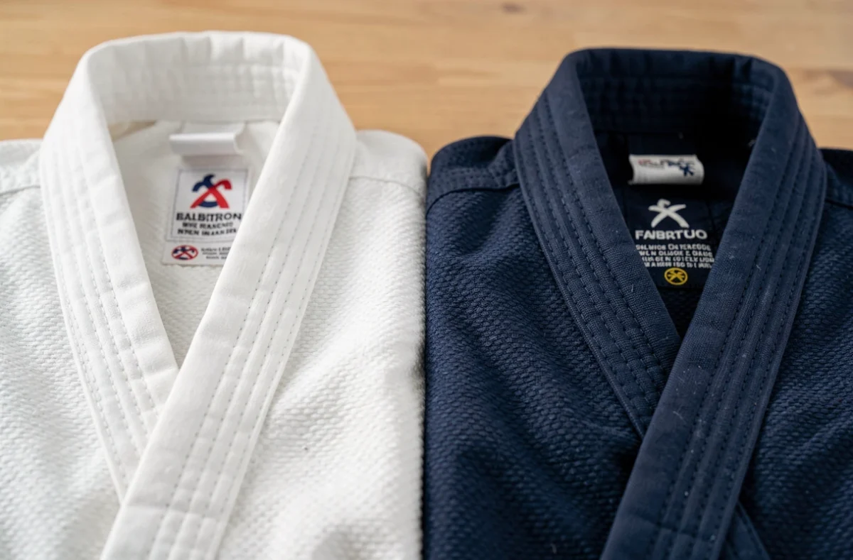 Comparaison de deux kimonos de jiu jitsu côte à côte montrant la différence entre tissu léger et tissu renforcé