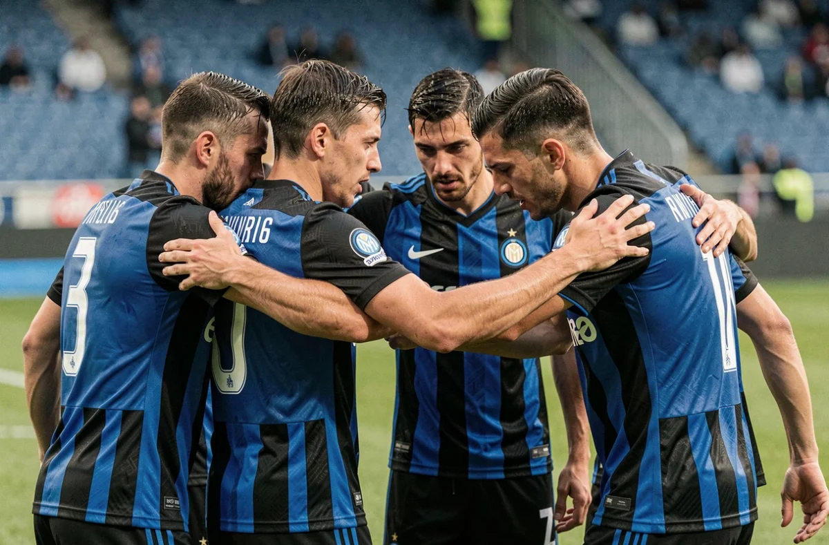 Groupe de joueurs de l'Inter Milan en discussion tactique avant un match en 2026