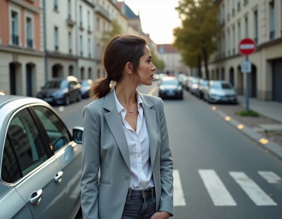 Femme conductrice observant un panneau de limitation de vitesse en ville pour préserver ses points de permis
