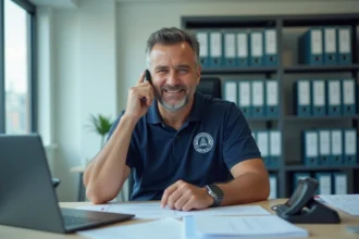 Homme en polo bleu contactant le Comité Drôme Ardèche Football par téléphone depuis un bureau administratif