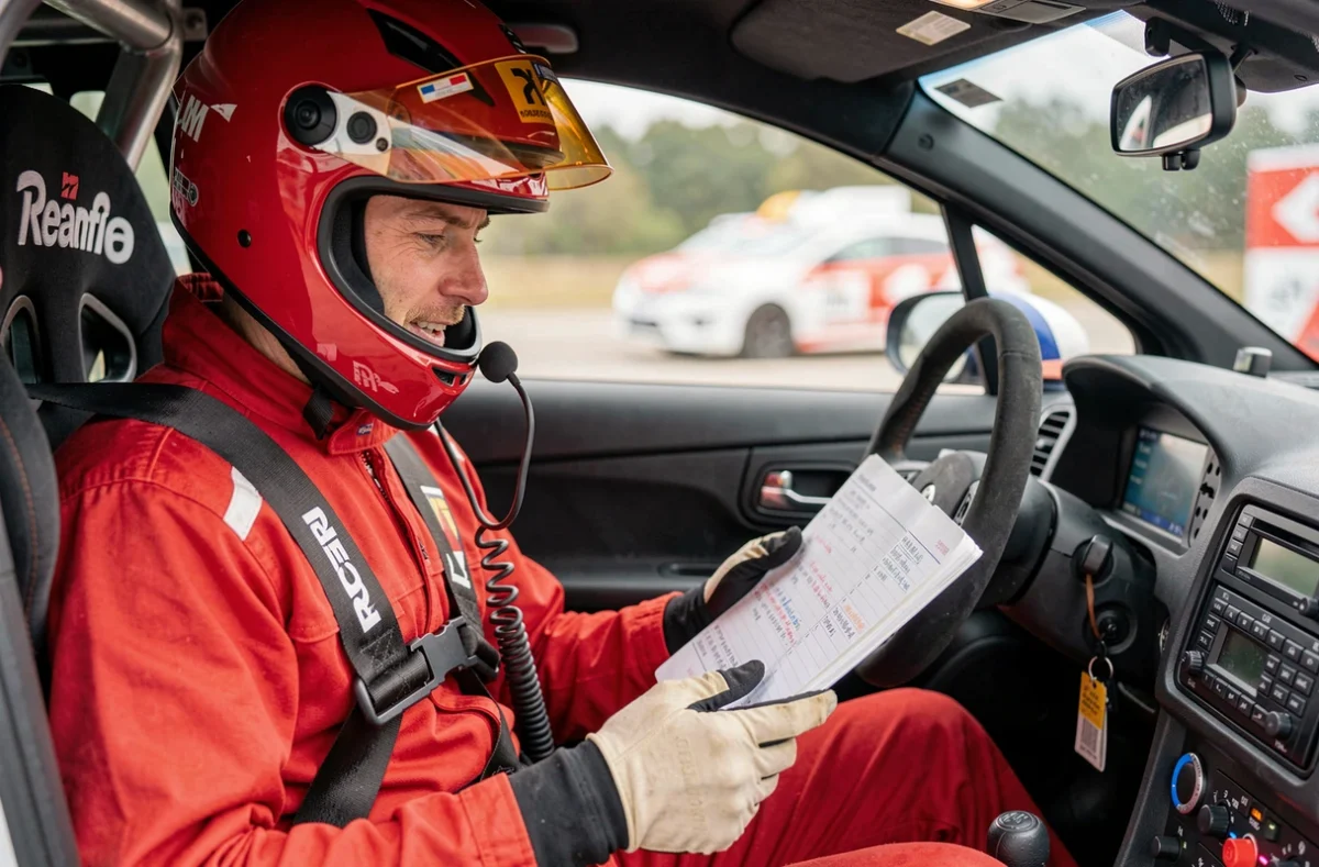 Copilote de rallye consultant ses notes de cap dans l'habitacle d'une voiture lors d'une épreuve en France
