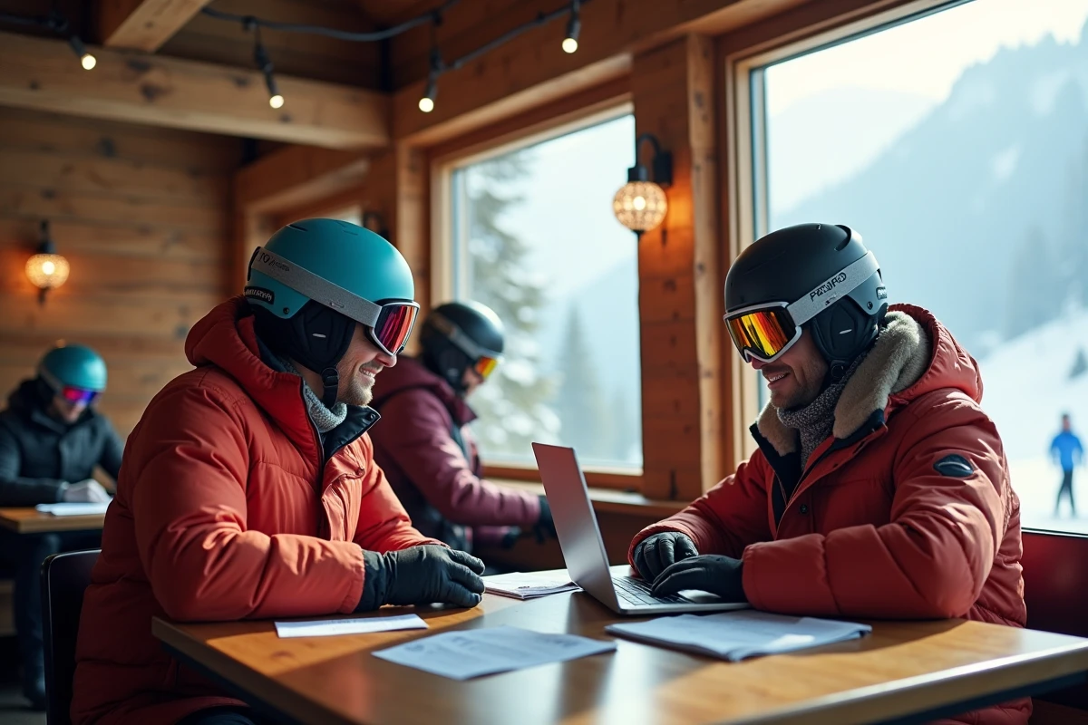 Couple de skieurs révisant leur réservation de forfait ski sur ordinateur dans un refuge de montagne