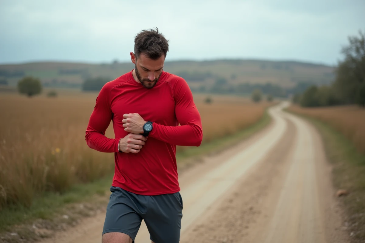 Coureur en pause sur un chemin rural consultant son allure de course en min/km sur montre GPS