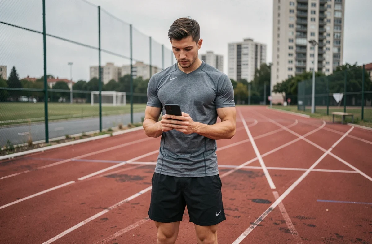 Coureur consultant un calculateur de pace sur smartphone pendant une séance sur piste urbaine