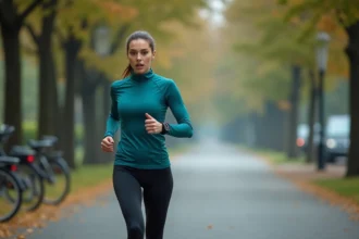 Coureuse consultant sa montre GPS pour vérifier son allure en min/km pendant une course en ville