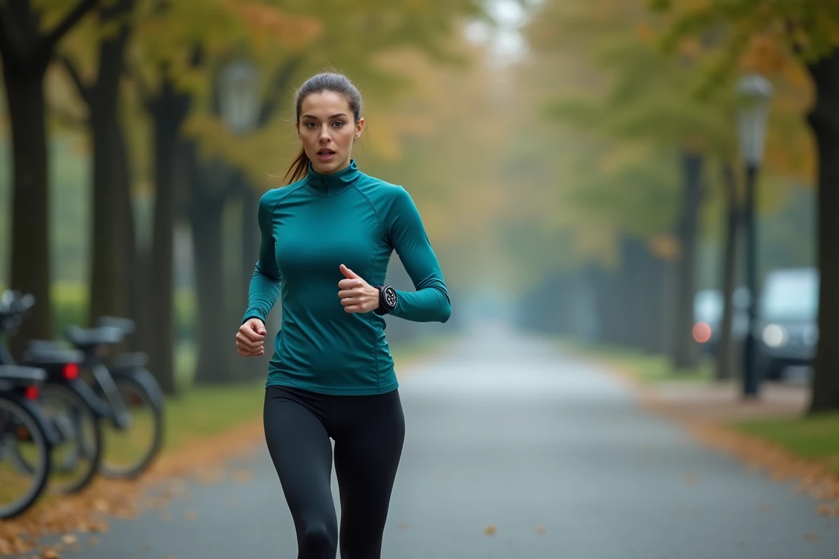 Coureuse consultant sa montre GPS pour vérifier son allure en min/km pendant une course en ville
