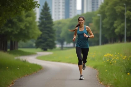 Femme en course à pied dans un parc urbain verdoyant