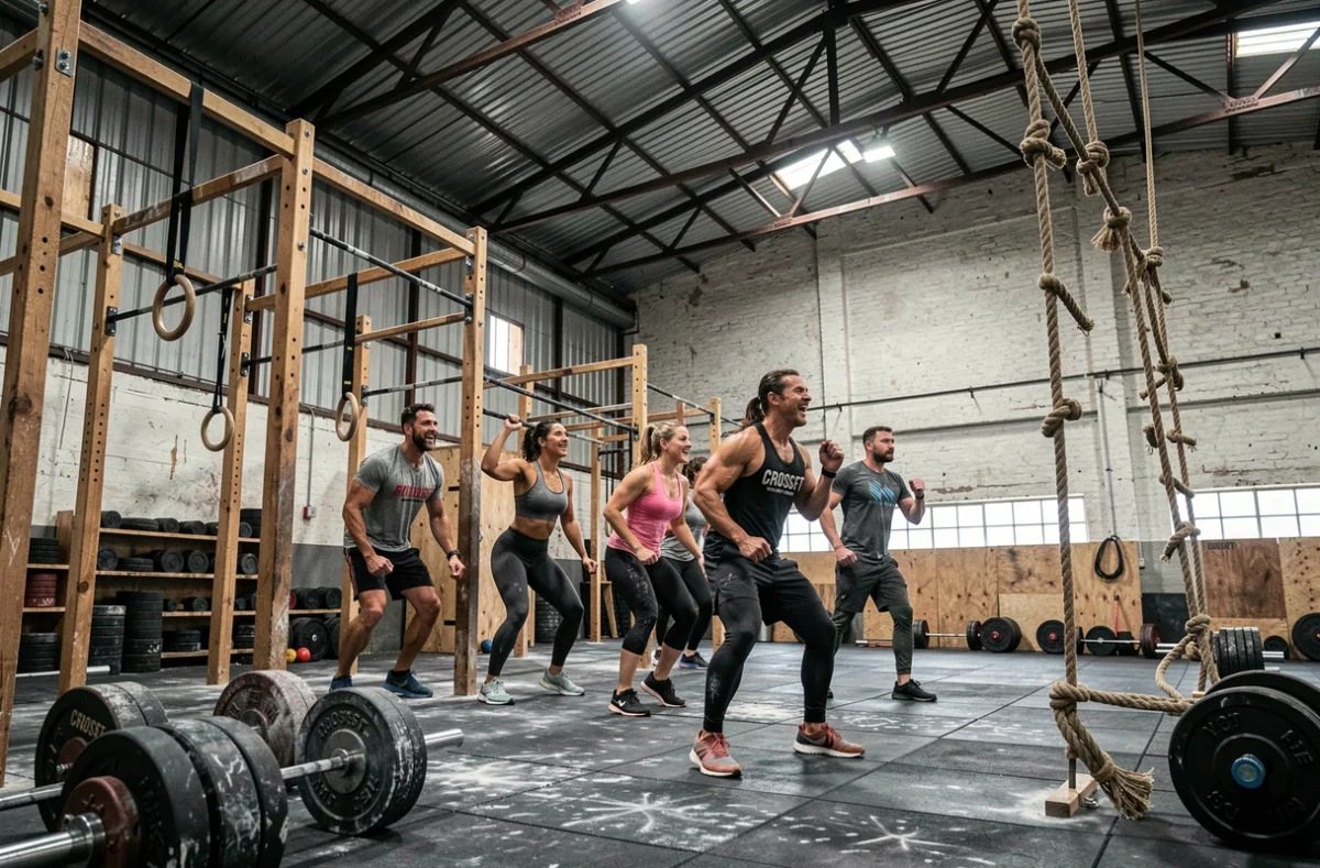 Séance de CrossFit intense dans la box CrossFit Bordeaux avec groupe d'athlètes s'entraînant dans un espace industriel