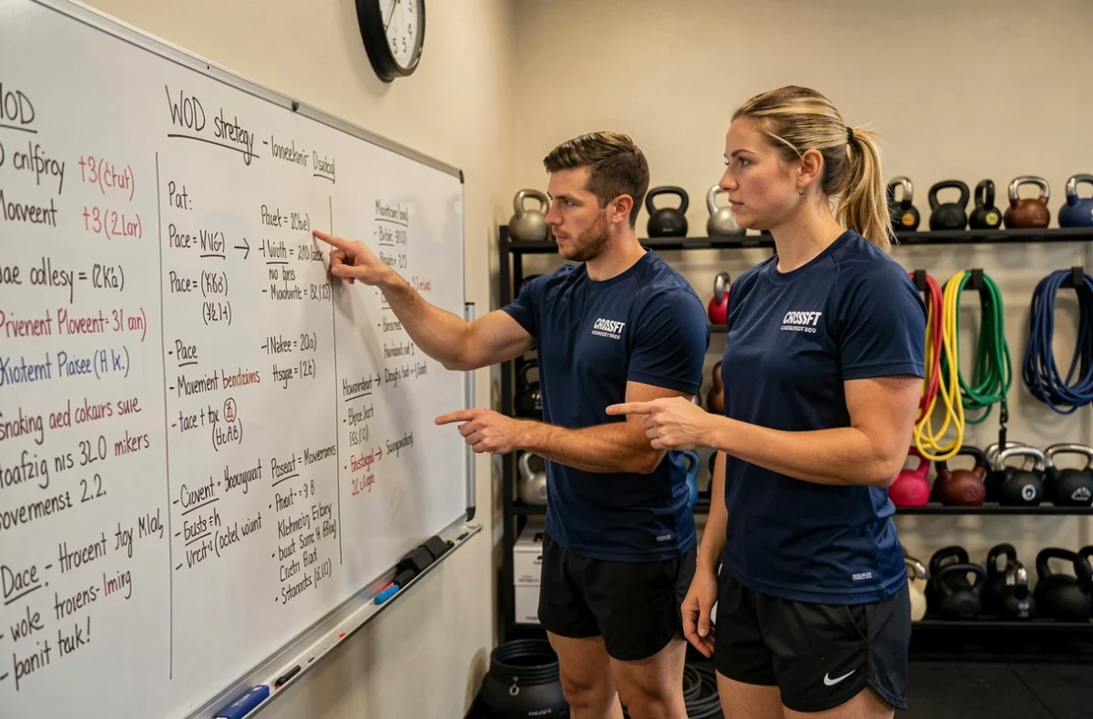 Deux athlètes CrossFit analysant une stratégie de pacing au tableau blanc avant le Open CrossFit 2026