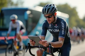 Cycliste professionnel consultant des documents de transfert au bord d'un bus d'équipe lors d'une course WorldTour, illustrant le mercato cyclisme 2026