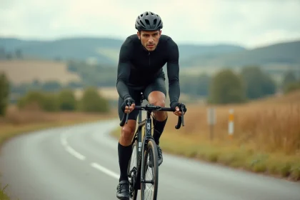 Homme en vélo de route en pleine vitesse sur une route de campagne