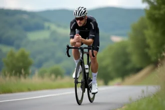 Cycliste en position aérodynamique sur un Van Rysel RCR réglé avec précision sur une route asphaltée en campagne