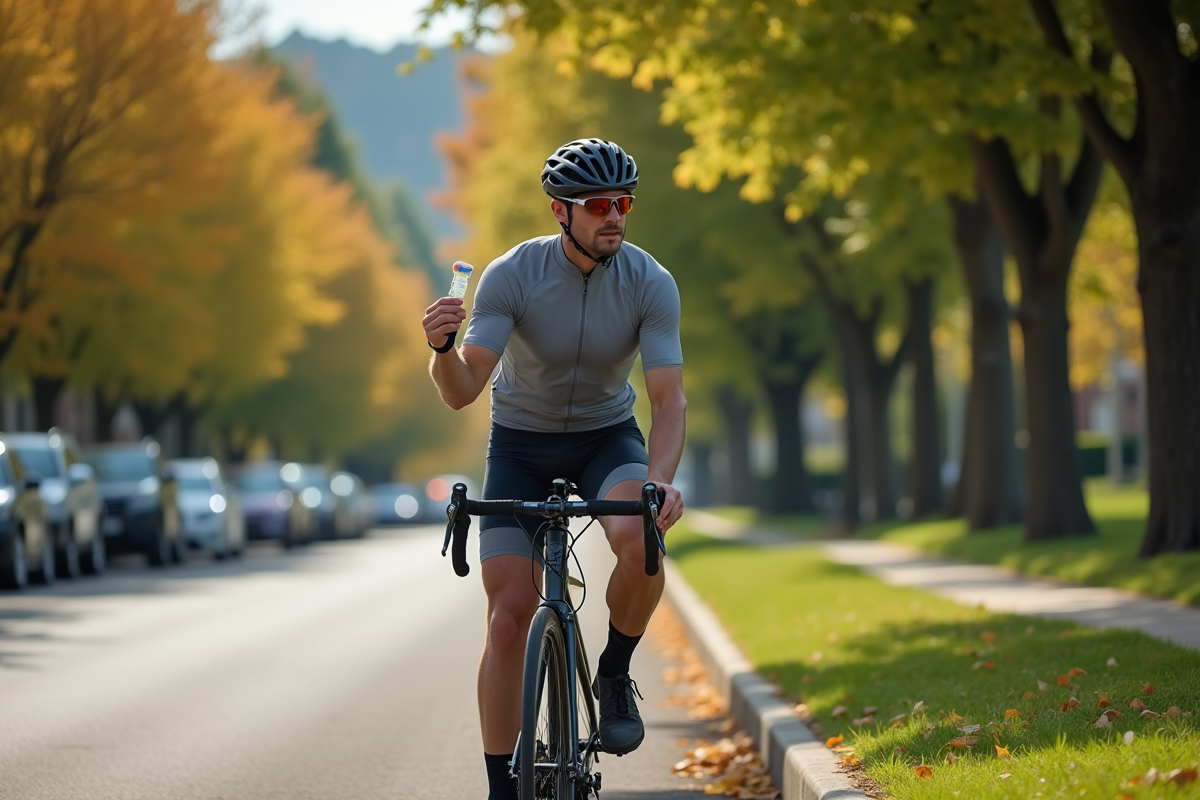 Cycliste préparant son vélo avec gel énergétique en main