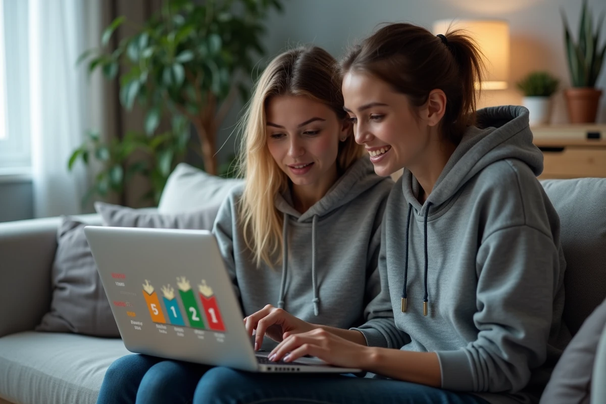 Deux joueuses débutantes découvrant ensemble le système de rangs de League of Legends sur un ordinateur portable