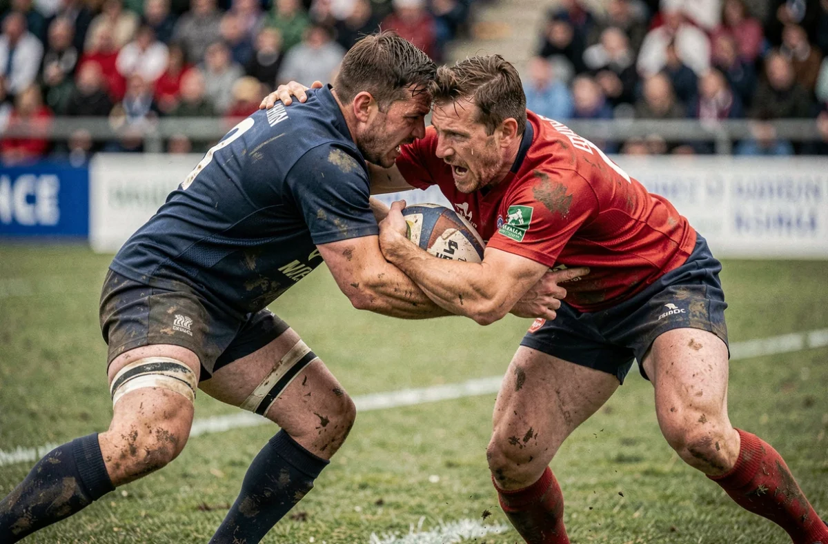 Deux joueurs de rugby en mêlée lors d'un derby de Fédérale, jerseys bleu et rouge tachés de boue sur terrain naturel