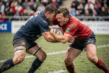 Deux joueurs de rugby en mêlée lors d'un derby de Fédérale, jerseys bleu et rouge tachés de boue sur terrain naturel