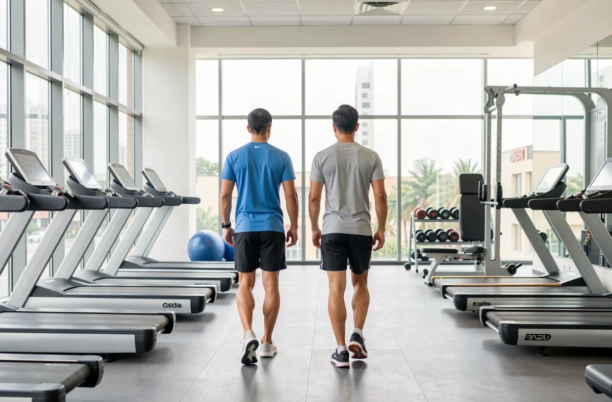 Deux amis en tenue de sport entrent dans une salle de sport moderne