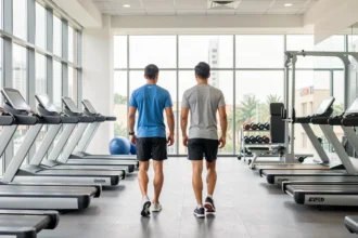 Deux amis en tenue de sport entrent dans une salle de sport moderne