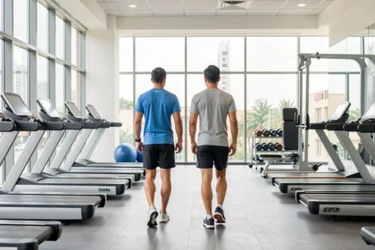 Deux amis en tenue de sport entrent dans une salle de sport moderne